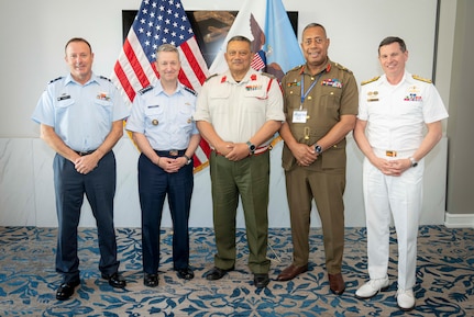 Chairman of the Joint Chiefs of Staff Gen. Dan Caine meets with Australian Chief of Defence Force Adm. Mark Hammond, New Zealand Chief of Defence Force Air Marshal Tony Davies, Commander of the Republic of Fiji Military Forces Maj. Gen. Ro Jone Kalouniwai, and Tonga Chief of Defence Staff, His Majesty’s Armed Forces Brig. Lord Fielakepa during the PACOM Chiefs of Defense Conference 2026 in Victoria, Canada, August 31, 2026.