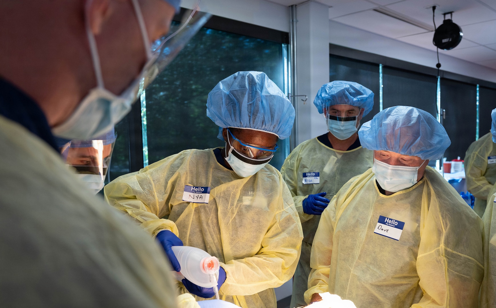 U.S. Army Pfc. Nkogun Nya Silnodad, a combat medic assigned to the Massachusetts Army National Guard Medical Detachment, performs manual breathing support for an intubated patient at the Bioskills Lab in Lexington, Massachusetts, Aug. 19, 2026.