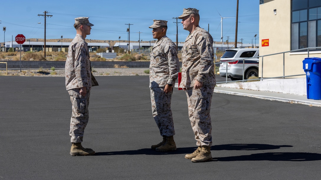Marines with the Provost Marshal's Office conducted a promotion ceremony for LCpl Spencer Estes aboard Marine Corps Logistics Base Barstow, California, September 1. Personnel gathered to recognize LCpl Estes for his dedication, hard work, and achievements as a Marine and in his role as PMO. 
(U.S. Marine Corps Photos by Katherine Cortez)