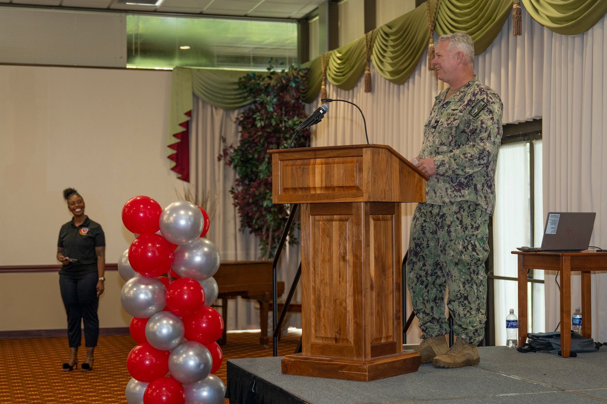 U.S. Navy Capt. James Howell, Joint Base McGuire-Dix-Lakehurst deputy commander and Naval Support Activity Lakehurst commanding officer, delivers remarks during Comprehensive Fitness Day at JB MDL, N.J., Aug. 28, 2026.