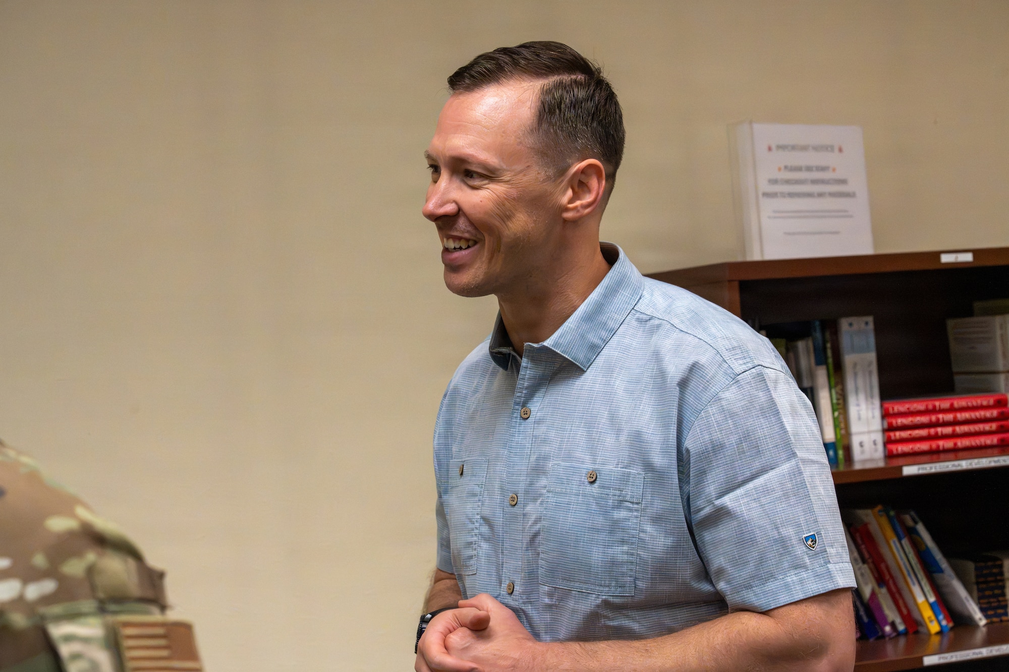 The Honorable Tim Dill, Assistant Secretary of War for Manpower and Reserve Affairs, meets with Joint Base Elmendorf-Richardson personnel during his visit to JBER, Alaska, Aug 24, 2026.