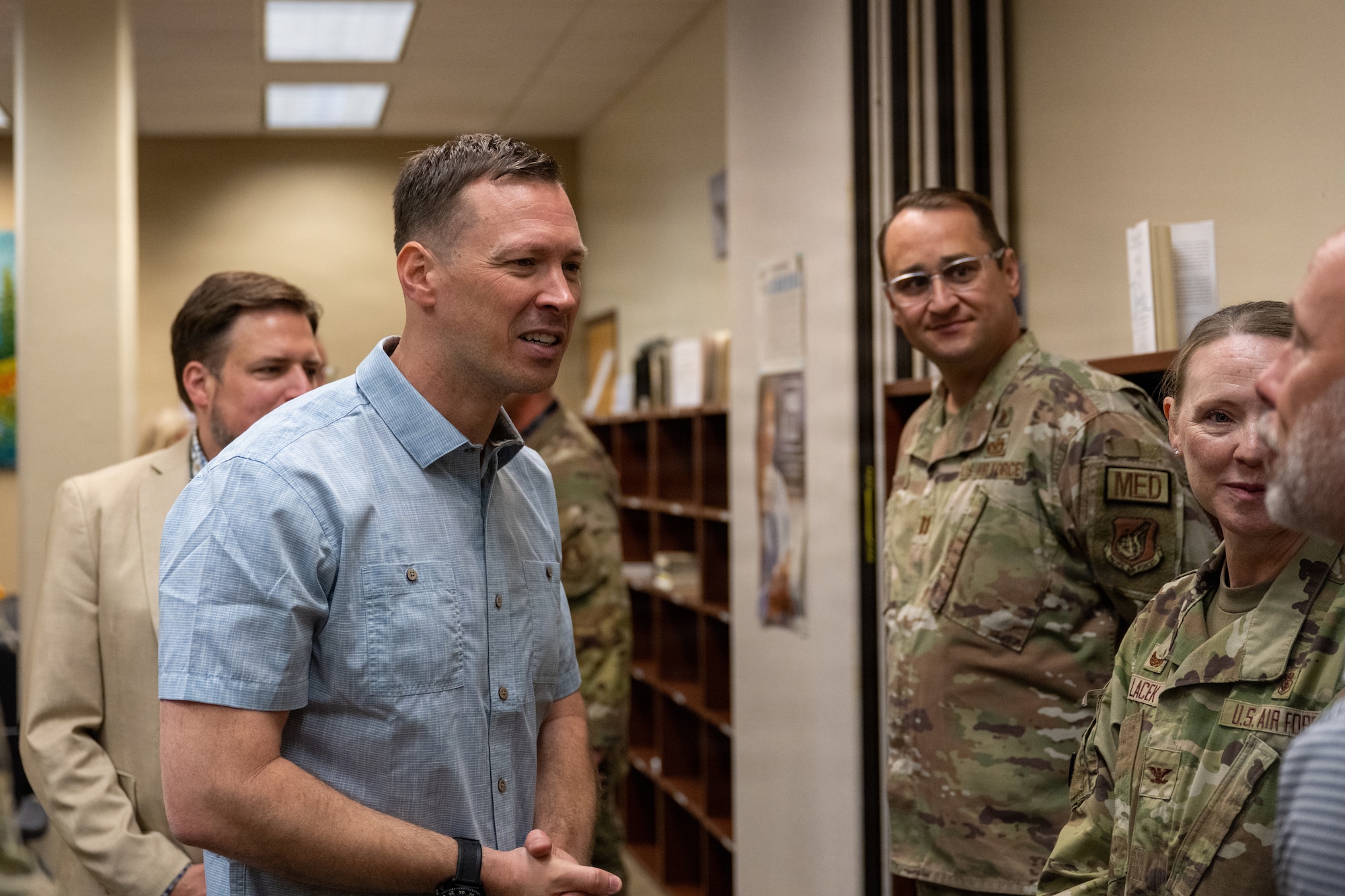 The Honorable Tim Dill, Assistant Secretary of War for Manpower and Reserve Affairs, meets with Joint Base Elmendorf-Richardson personnel during his visit to JBER, Alaska, Aug 24, 2026.