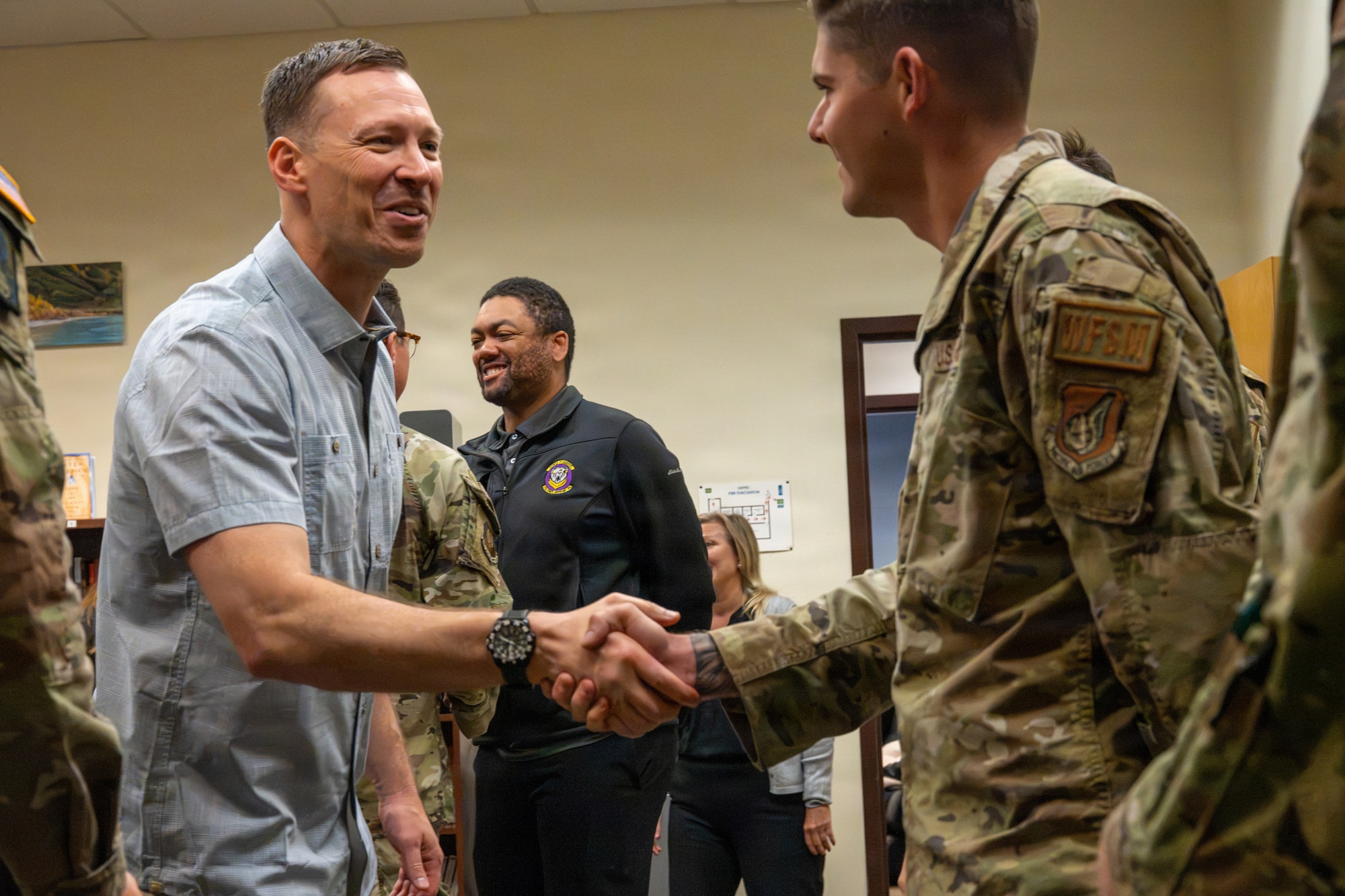 The Honorable Tim Dill, Assistant Secretary of War for Manpower and Reserve Affairs, meets with Joint Base Elmendorf-Richardson personnel during his visit to JBER, Alaska, Aug 24, 2026.