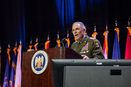 Army Gen. Christopher LaNeve, vice chief of staff of the Army, addresses National Guardsmen at the 148th annual conference of the National Guard Association of the United States, Indianapolis, Indiana, Aug. 29, 2026.