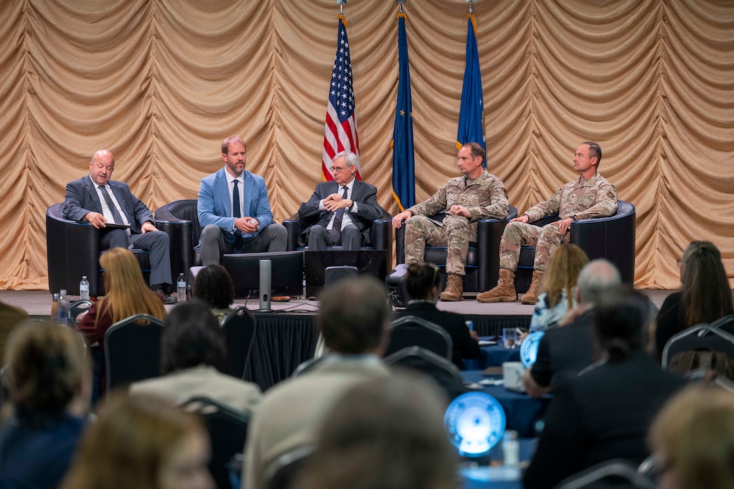 U.S. Air Force Col. Matthew Johnston, 354th Fighter Wing commander, center right, participates in a panel discussion during the 2026 Alaska Defense Forum in Fairbanks, Alaska, Aug. 26, 2026.