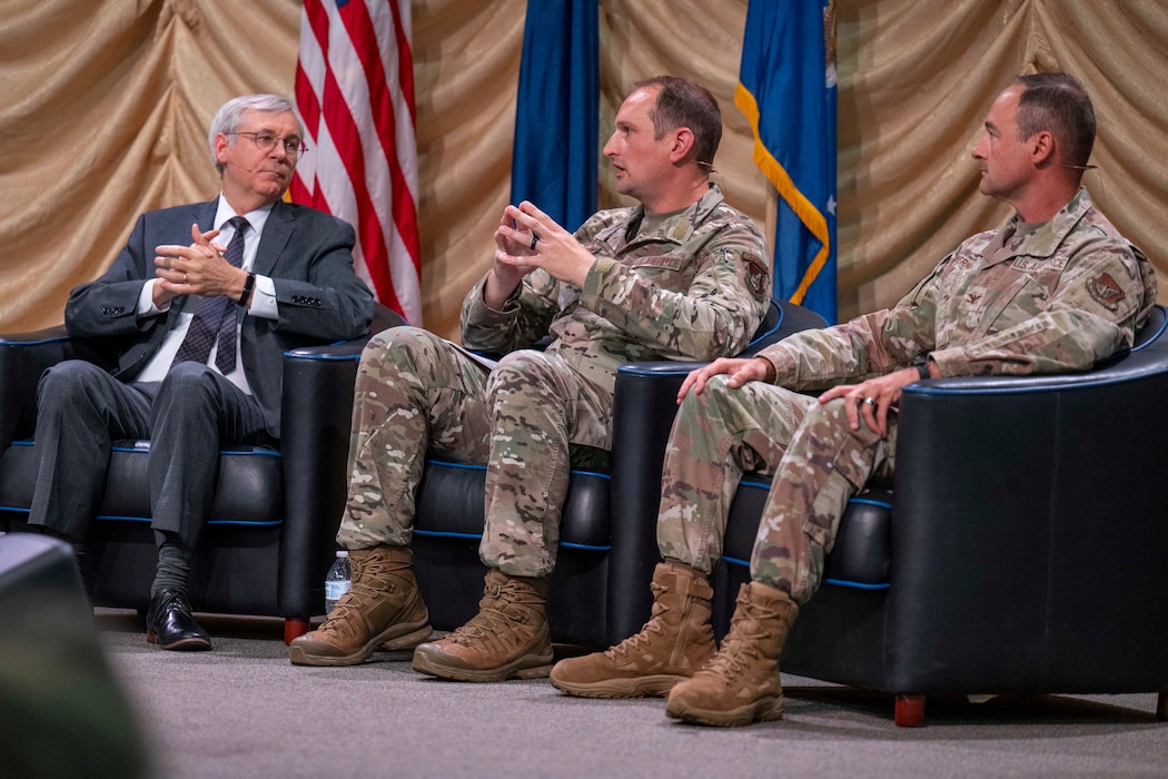 U.S. Air Force Col. Matthew Johnston, 354th Fighter Wing commander, center, speaks on community integration during a panel at the 2026 Alaska Defense Forum in Fairbanks, Alaska, Aug. 26, 2026.