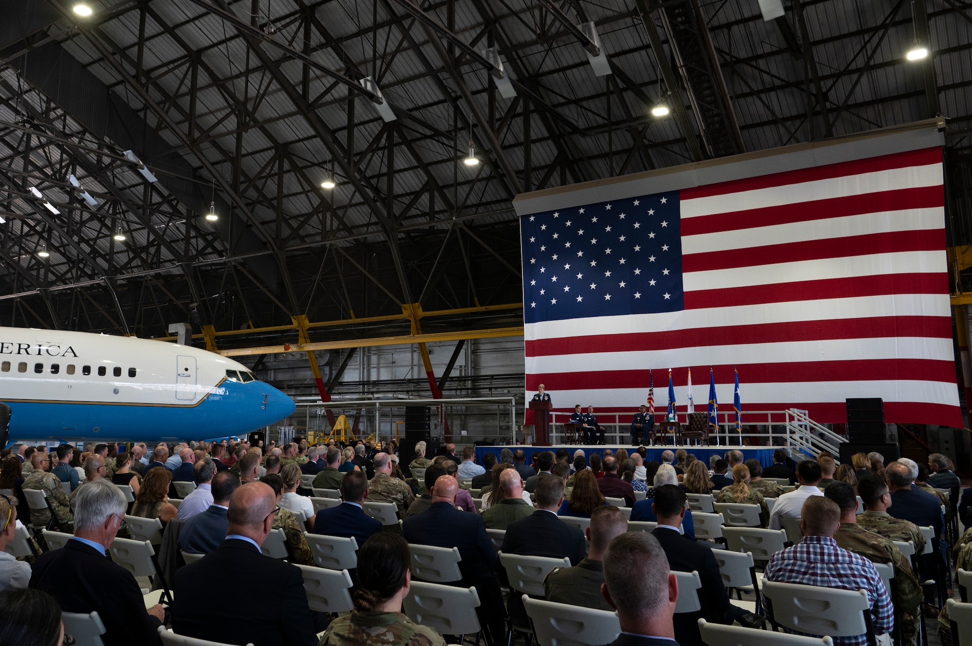 U.S. Air Force Lt. Gen. Rebecca Sonkiss, Air Mobility Command deputy commander, delivers remarks during her retirement ceremony on Scott Air Force Base, Illinois, September 3, 2026. Members across the mobility enterprise, family, and distinguished guests gathered to honor Sonkiss’s strategic contributions to joint warfighting readiness and her advocacy for Airmen through 32 years of distinguished military service. (U.S. Air Force photo by Tech. Sgt. Dalton Williams)