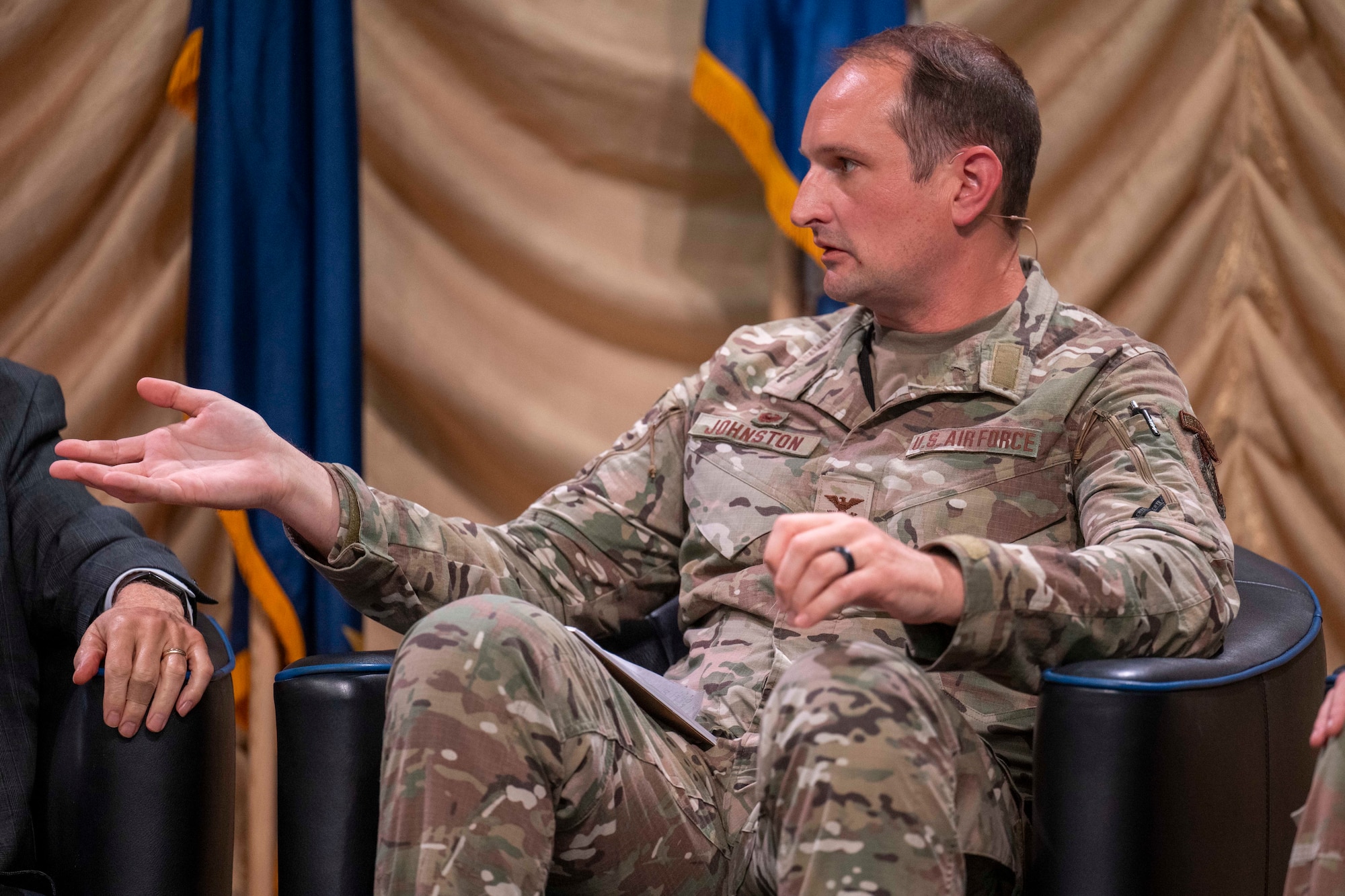 U.S. Air Force Col. Matthew Johnston, 354th Fighter Wing commander, speaks during the 2026 Alaska Defense Forum in Fairbanks, Alaska, Aug. 26, 2026.