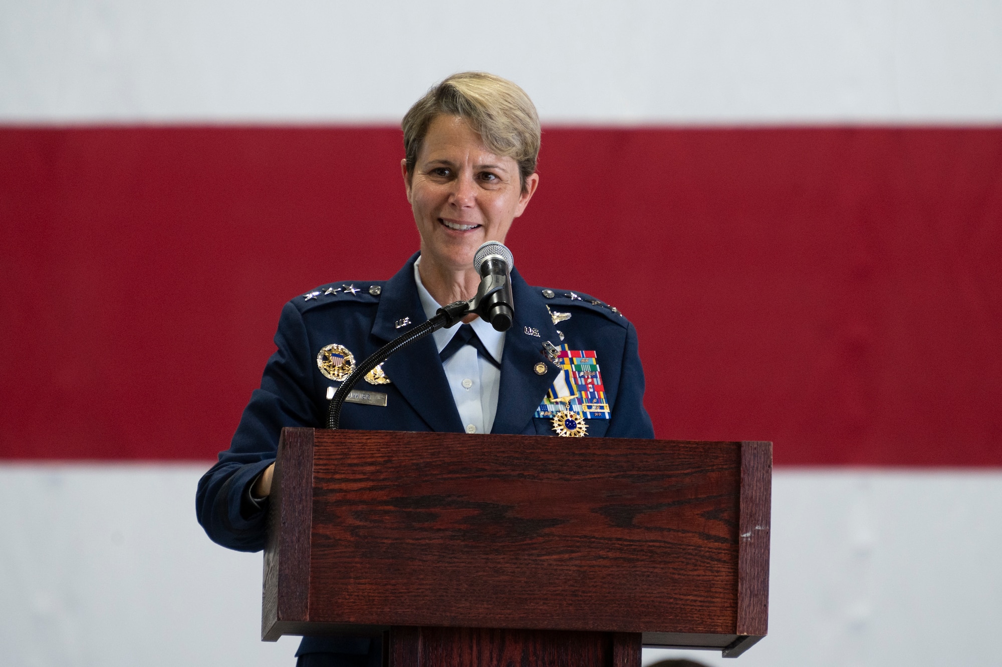 U.S. Air Force Lt. Gen. Rebecca Sonkiss, Air Mobility Command deputy commander, delivers remarks during her retirement ceremony on Scott Air Force Base, Illinois, September 3, 2026. Members across the mobility enterprise, family, and distinguished guests gathered to honor Sonkiss’s strategic contributions to joint warfighting readiness and her advocacy for Airmen through 32 years of distinguished military service. (U.S. Air Force photo by Tech. Sgt. Dalton Williams)