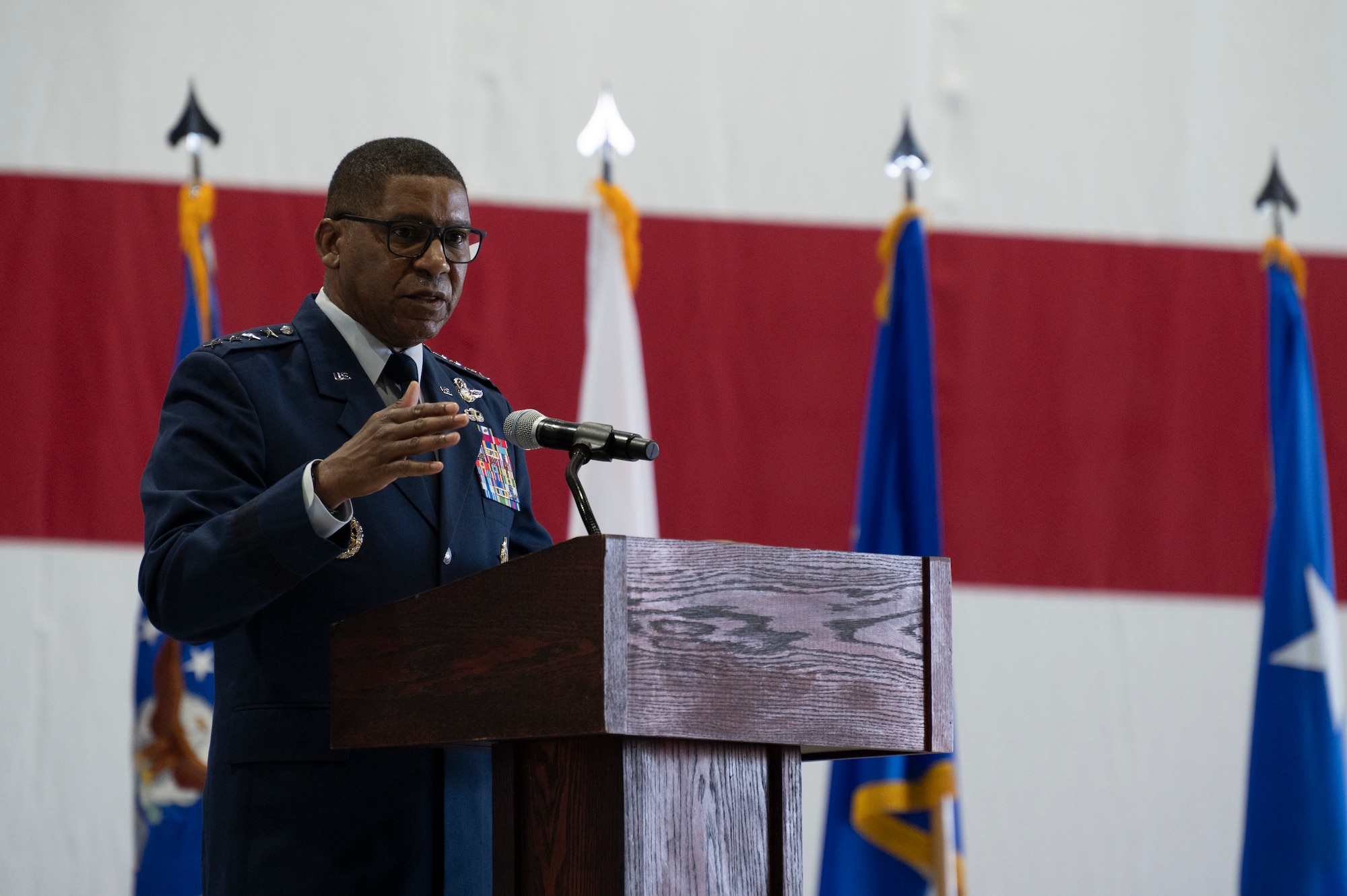 U.S. Air Force Gen. Randall Reed, commander of U.S. Transportation Command, delivers remarks during a retirement ceremony for Lt. Gen. Rebecca Sonkiss, Air Mobility Command deputy commander, on Scott Air Force Base, Illinois, September 3, 2026. Members across the mobility enterprise, family, and distinguished guests gathered to honor Sonkiss’s strategic contributions to joint warfighting readiness and her advocacy for Airmen through 32 years of distinguished military service. (U.S. Air Force photo by Tech. Sgt. Dalton Williams)