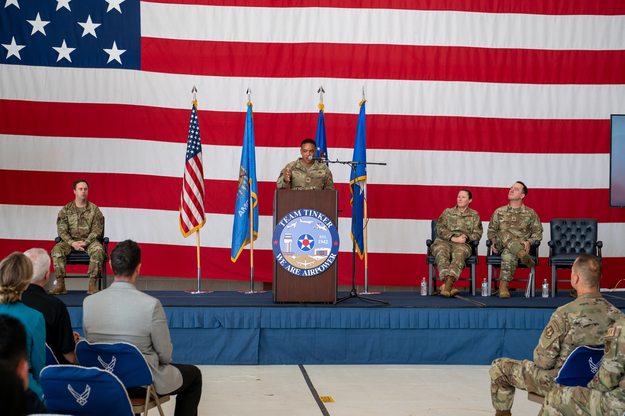 72nd Air Base Wing commander delivers remarks during the groundbreaking ceremony for the new Bomber Agile Common Hangar