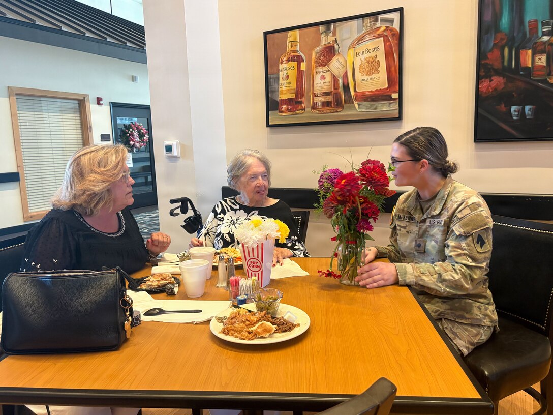 Kentucky Army National Guard Soldiers assigned to the 103rd Brigade Support Battalion distributed leftover flowers and pastries to local healthcare workers and nursing home residents Aug. 9 in Harrodsburg, Kentucky, following a change of command ceremony.