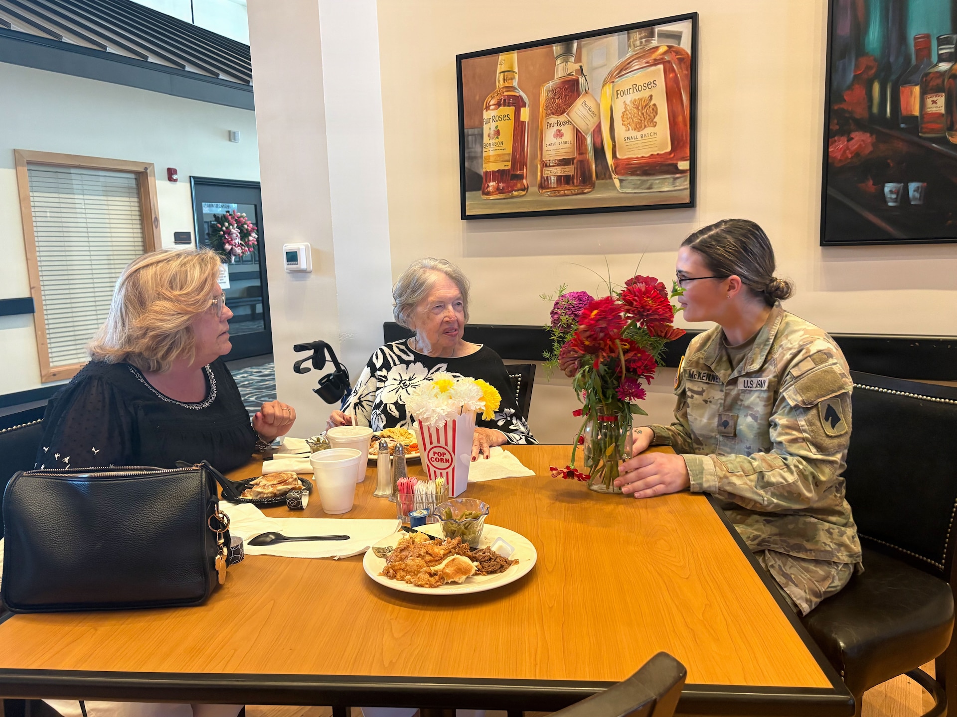 Kentucky Army National Guard Soldiers assigned to the 103rd Brigade Support Battalion distributed leftover flowers and pastries to local healthcare workers and nursing home residents Aug. 9 in Harrodsburg, Kentucky, following a change of command ceremony.