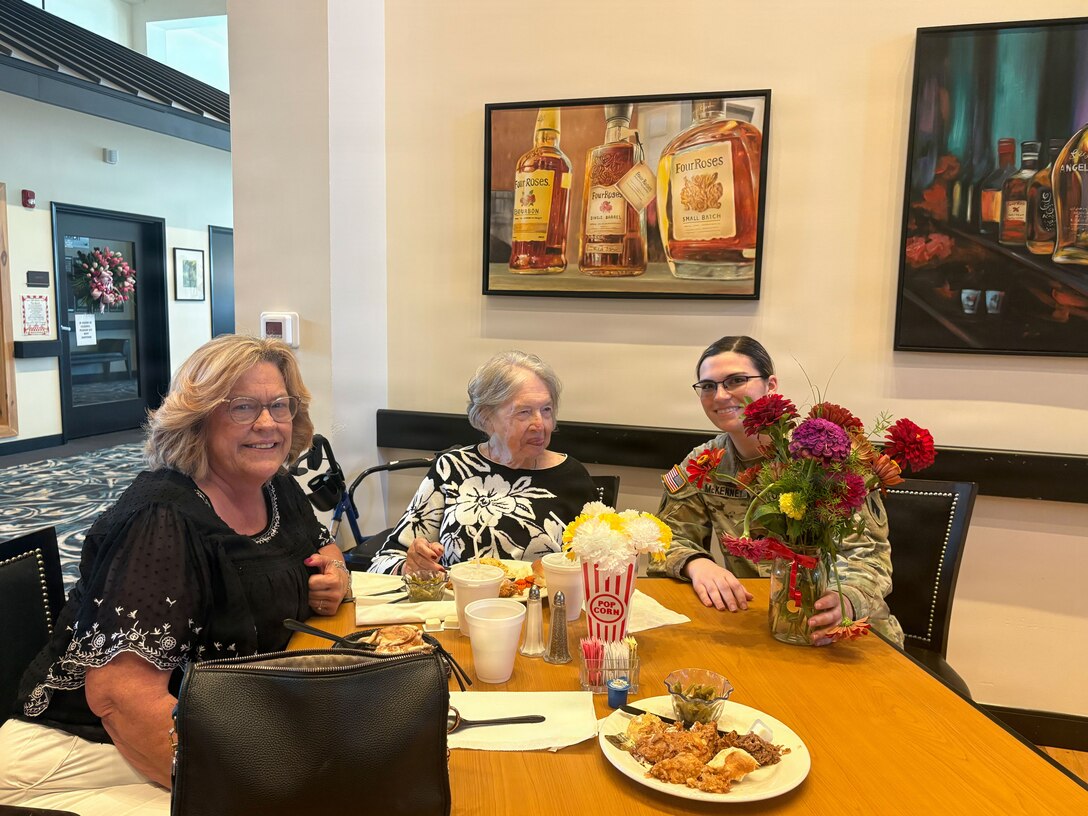 Kentucky Army National Guard Soldiers assigned to the 103rd Brigade Support Battalion distributed leftover flowers and pastries to local healthcare workers and nursing home residents Aug. 9 in Harrodsburg, Kentucky, following a change of command ceremony.