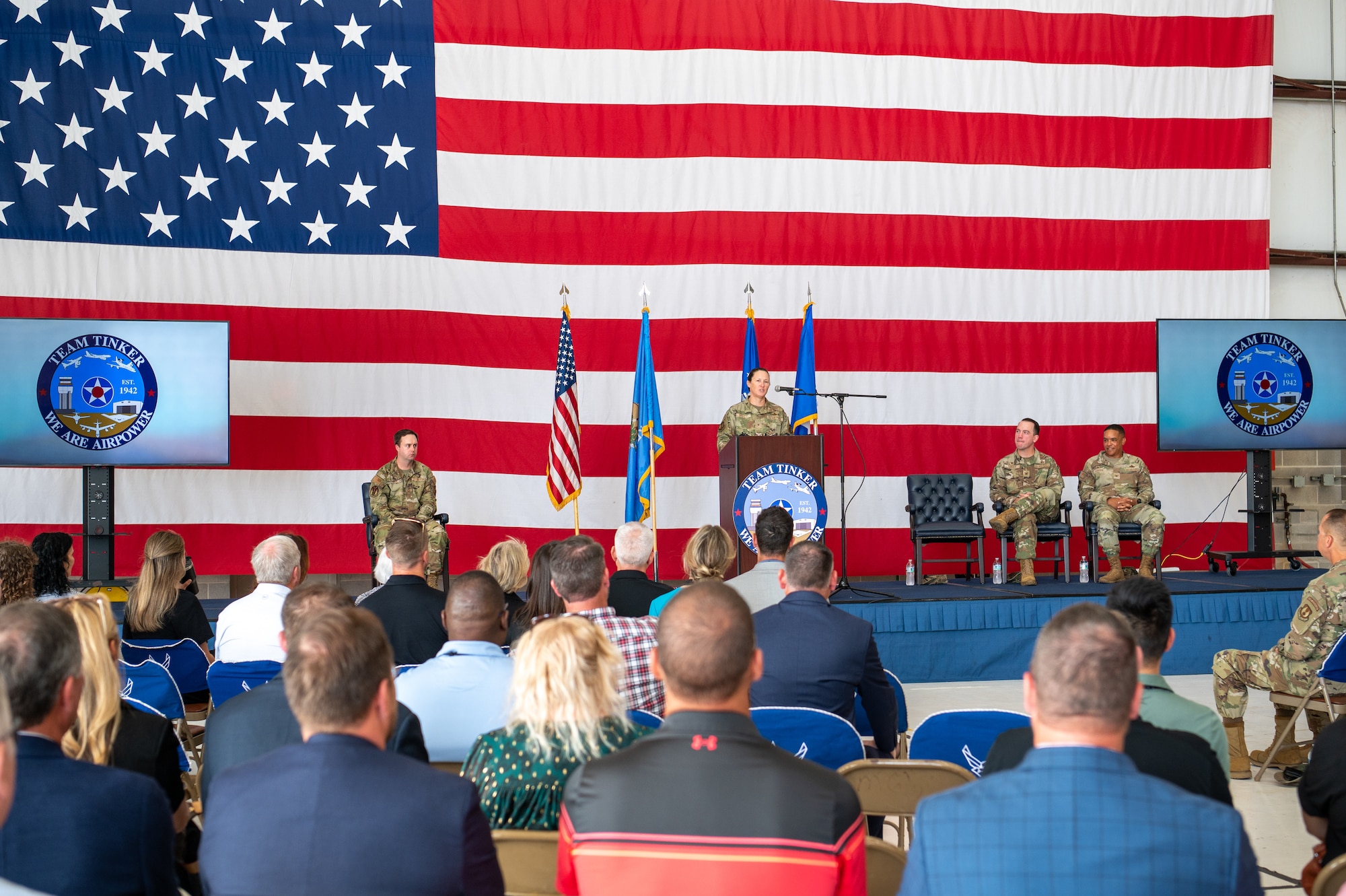 Oklahoma City Air Logistics Complex commander delivers remarks during the groundbreaking ceremony