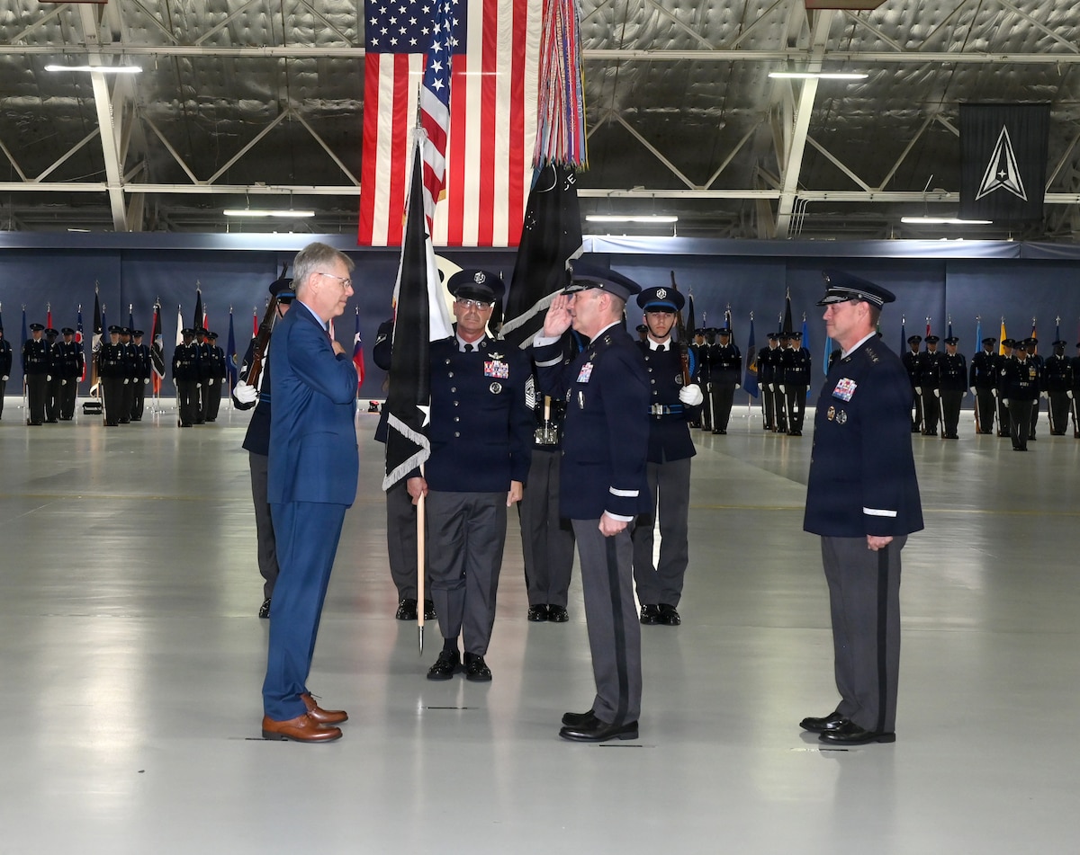 Newly appointed Chief of Space Operations Gen. Douglas Schiess salutes Secretary of the Air Force Troy Meink during a Change of Responsibility ceremony, Joint Base Andrews Md., Sept 3, 2026. (U.S. Air Force photo by Andy Morataya)