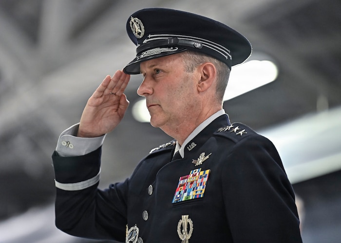 Chief of Space Operations Gen. Douglas Schiess salutes during his change of responsibility ceremony on Joint Base Andrews, Md., Sept. 3, 2026. Schiess succeeded Gen. Chance Saltzman as the third CSO of the U.S. Space Force. (U.S. Air Force photo by Eric Dietrich)