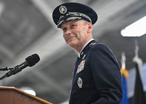 Chief of Space Operations Gen. Douglas Schiess speaks during his change of responsibility ceremony on Joint Base Andrews, Md., Sept. 3, 2026. Schiess succeeded Gen. Chance Saltzman as the third CSO of the U.S. Space Force. (U.S. Air Force photo by Eric Dietrich)