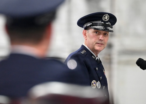 Newly appointed Chief of Space Operations Gen. Douglas Schiess addresses members of the official party during a Change of Responsibility ceremony, Joint Base Andrews Md., Sept 3, 2026. (U.S. Air Force photo by Andy Morataya)