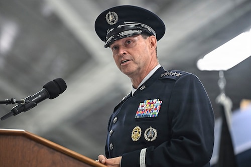 Chief of Space Operations Gen. Chance Saltzman speaks during a change of responsibility ceremony with Gen. Douglas Schiess on Joint Base Andrews, Md., Sept. 3, 2026. Schiess succeeded Saltzman as the third CSO of the U.S. Space Force. (U.S. Air Force photo by Eric Dietrich)