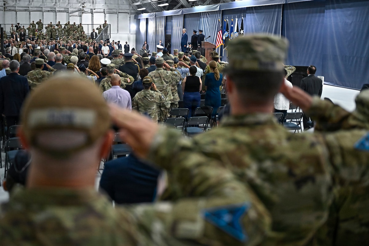 Guests render honors to Secretary of the Air Force Troy Meink during the change of responsibility ceremony for Chief of Space Operations Gen. Douglas Schiess on Joint Base Andrews, Md., Sept. 3, 2026. Schiess succeeded Gen. Chance Saltzman as the third CSO of the U.S. Space Force. (U.S. Air Force photo by Eric Dietrich)