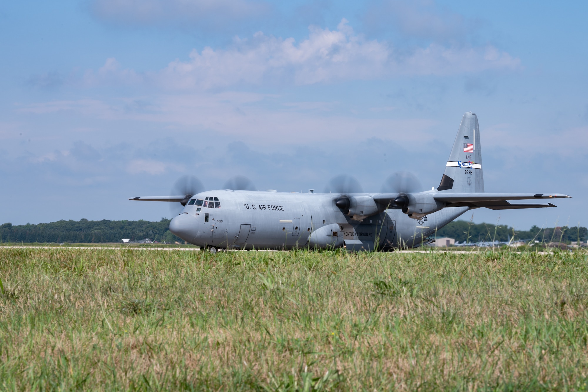 ]A U.S. Air Force C-130J Super Hercules from the Kentucky Air National Guard’s 123rd Airlift Wing lands at Volk Field Combat Readiness Training Center, Wis., Aug. 21, 2026, in support of exercise Patriot 26. The Air National Guard-hosted exercise brings together approximately 1,000 Airmen and Soldiers from National Guard units across 35 states, along with federal, state and local agencies, to enhance domestic response readiness and interagency coordination during large-scale emergencies. (U.S. Air National Guard photo by Senior Airman Angelee Barnett)