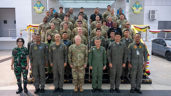 PACIFIC ANGEL 26-1 participants pose for a group photo at Rimba Air Base, Brunei Darussalam, Aug. 31, 2026. The exercise strengthens U.S.-Brunei coordination and readiness to respond to search and rescue emergencies and regional disasters.