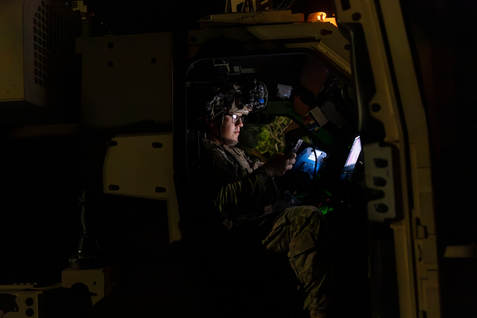 U.S. Army Spc. Caleb Mullens, left, and Spc. Peterie Gage, right, both with the 2nd Battalion, 327th Infantry Regiment, Joint Task Force-Southern Border (JTF-SB) in support of Operation Ardent Vanguard, operate the Army Multi-Purpose High Energy Laser (AMP-HEL) near Rio Grande Valley, Texas, Sept. 1, 2026. U.S. Northern Command is working side-by-side with the Department of Homeland Security and the U.S. Customs and Border Protection within narrowly defined authorities to provide unique military capabilities to protect the territorial integrity of the U.S. southern border. (Dept. of War photo by Spc. Adrianna Douglas)