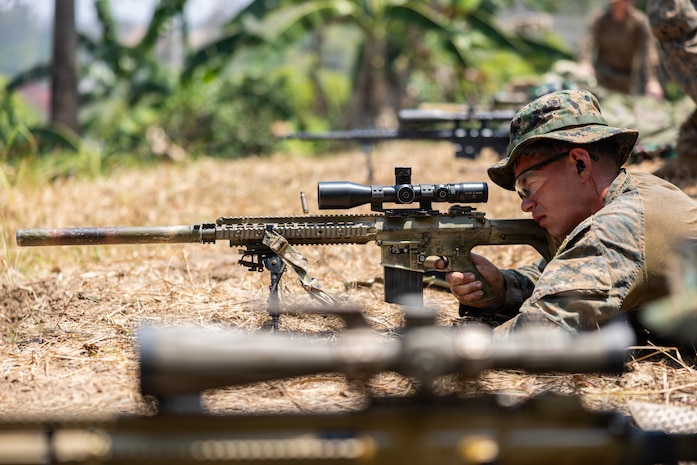 Darwin 26, fires an M110 semi-automatic sniper system during a live-fire sniper range as part of Exercise Super Garuda Shield 26 near Lampung, Indonesia, Sept. 2, 2026.