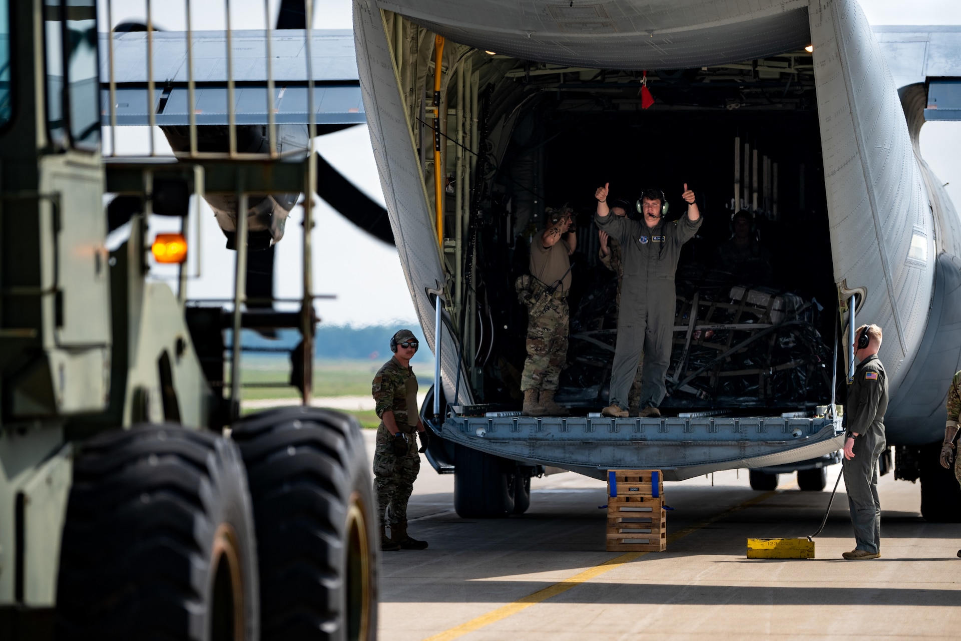 U.S. Air Force Airman 1st Class Kyle Brentzel, a loadmaster with the Kentucky Air National Guard’s 123rd Airlift Wing, guides a forklift at Volk Field Combat Readiness Training Center, Wis., Aug. 21, 2026, during exercise Patriot 26. The Air National Guard-hosted exercise brings together approximately 1,000 Airmen and Soldiers from National Guard units across 35 states, along with federal, state and local agencies, to enhance domestic response readiness and interagency coordination during large-scale emergencies. (U.S. Air National Guard photo by Senior Airman Angelee Barnett)