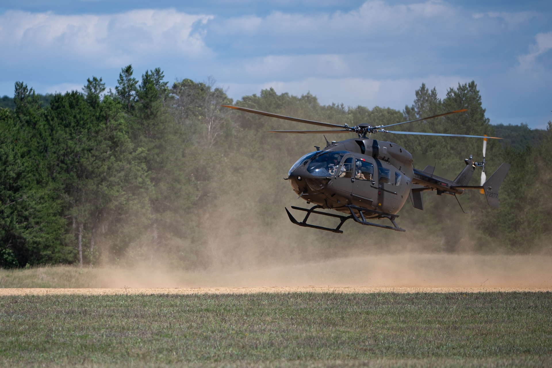 A U.S. Army UH-72 Lakota from the Kentucky Army National Guard’s 376th Aviation Regiment lands at Young Tactical Landing Site in Fort McCoy, Wis., Aug. 22, 2026, during exercise Patriot 26. The Air National Guard-hosted exercise taking place at Volk Field Combat Readiness Training Center, brings together approximately 1,000 Airmen and Soldiers from National Guard units across 35 states, along with federal, state and local agencies, to enhance domestic response readiness and interagency coordination during large-scale emergencies. (U.S. Air National Guard photo by Senior Airman Angelee Barnett)