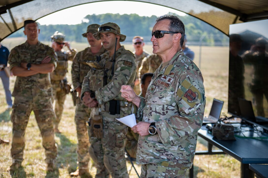 U.S. Air Force Col. Aaron Zamora, right, commander of the Kentucky Air National Guard’s 123rd Contingency Response Group, speaks with National Guard senior leadership at Volk Field Combat Readiness Training Center, Wis., Aug. 24, 2026, during exercise Patriot 26. The Air National Guard-hosted exercise brings together approximately 1,000 Airmen and Soldiers from National Guard units across 35 states, along with federal, state and local agencies, to enhance domestic response readiness and interagency coordination during large-scale emergencies. (U.S. Air National Guard photo by Senior Airman Angelee Barnett)