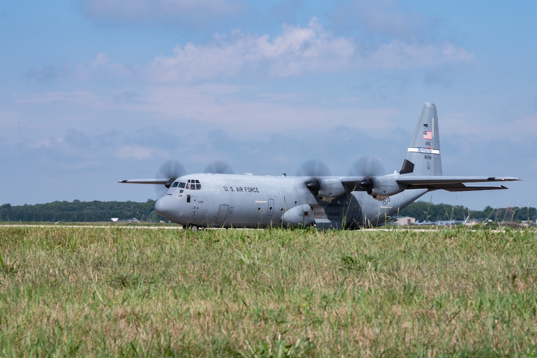 ]A U.S. Air Force C-130J Super Hercules from the Kentucky Air National Guard’s 123rd Airlift Wing lands at Volk Field Combat Readiness Training Center, Wis., Aug. 21, 2026, in support of exercise Patriot 26. The Air National Guard-hosted exercise brings together approximately 1,000 Airmen and Soldiers from National Guard units across 35 states, along with federal, state and local agencies, to enhance domestic response readiness and interagency coordination during large-scale emergencies. (U.S. Air National Guard photo by Senior Airman Angelee Barnett)