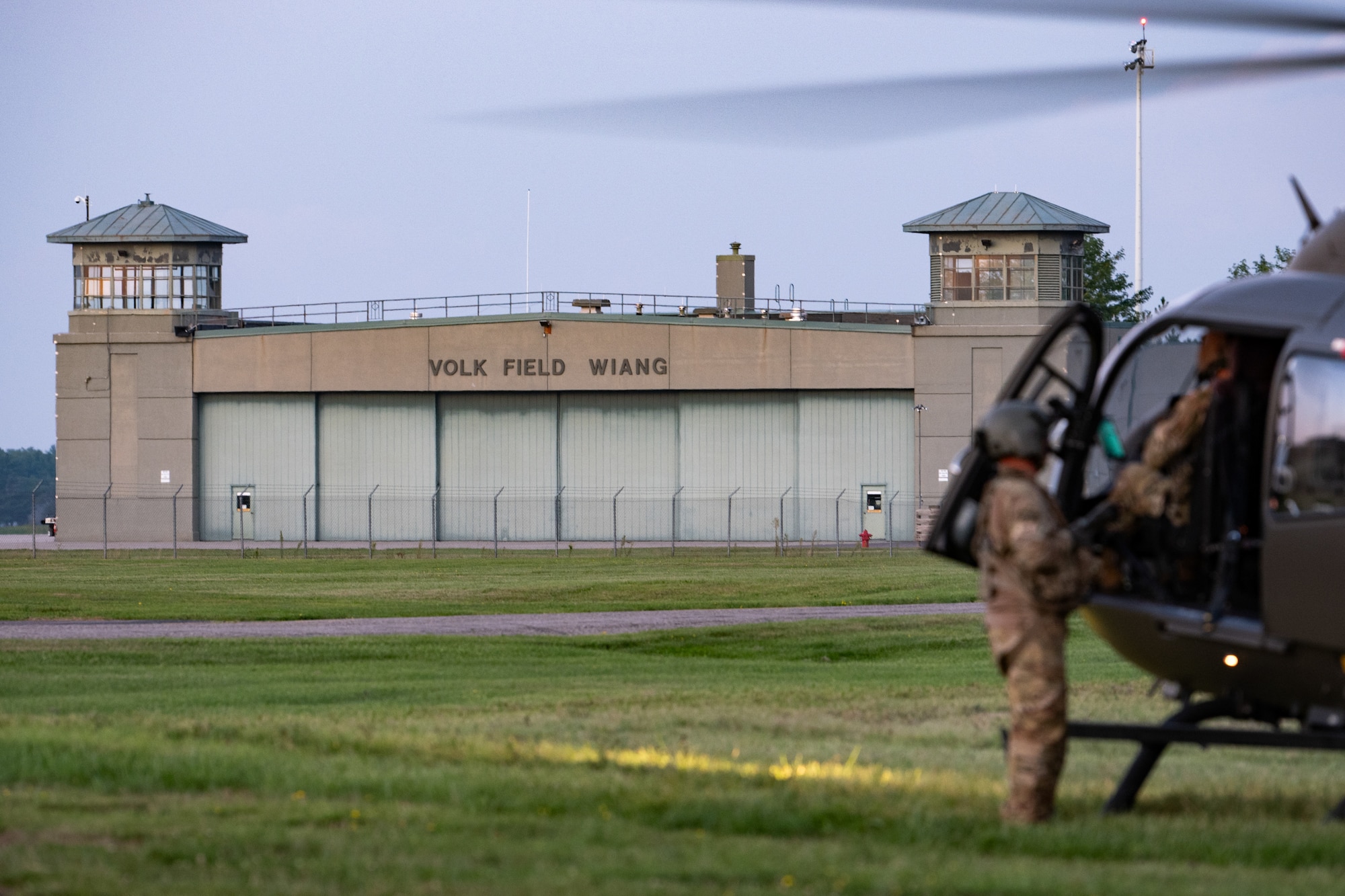 U.S. Army Soldiers from the Kentucky Army National Guard’s 376th Aviation Regiment prepare for a night sortie at Volk Field Combat Readiness Training Center, Wis., Aug. 22, 2026, during exercise Patriot 26. The Air National Guard-hosted exercise brings together approximately 1,000 Airmen and Soldiers from National Guard units across 35 states, along with federal, state and local agencies, to enhance domestic response readiness and interagency coordination during large-scale emergencies. (U.S. Air National Guard photo by Senior Airman Angelee Barnett)