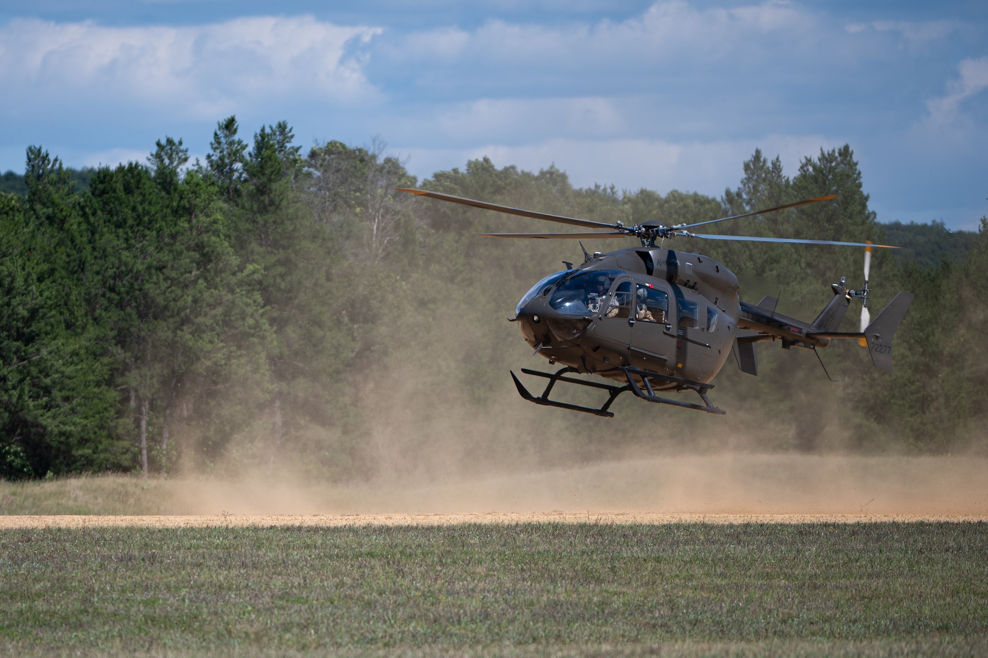 A U.S. Army UH-72 Lakota from the Kentucky Army National Guard’s 376th Aviation Regiment lands at Young Tactical Landing Site in Fort McCoy, Wis., Aug. 22, 2026, during exercise Patriot 26. The Air National Guard-hosted exercise taking place at Volk Field Combat Readiness Training Center, brings together approximately 1,000 Airmen and Soldiers from National Guard units across 35 states, along with federal, state and local agencies, to enhance domestic response readiness and interagency coordination during large-scale emergencies. (U.S. Air National Guard photo by Senior Airman Angelee Barnett)