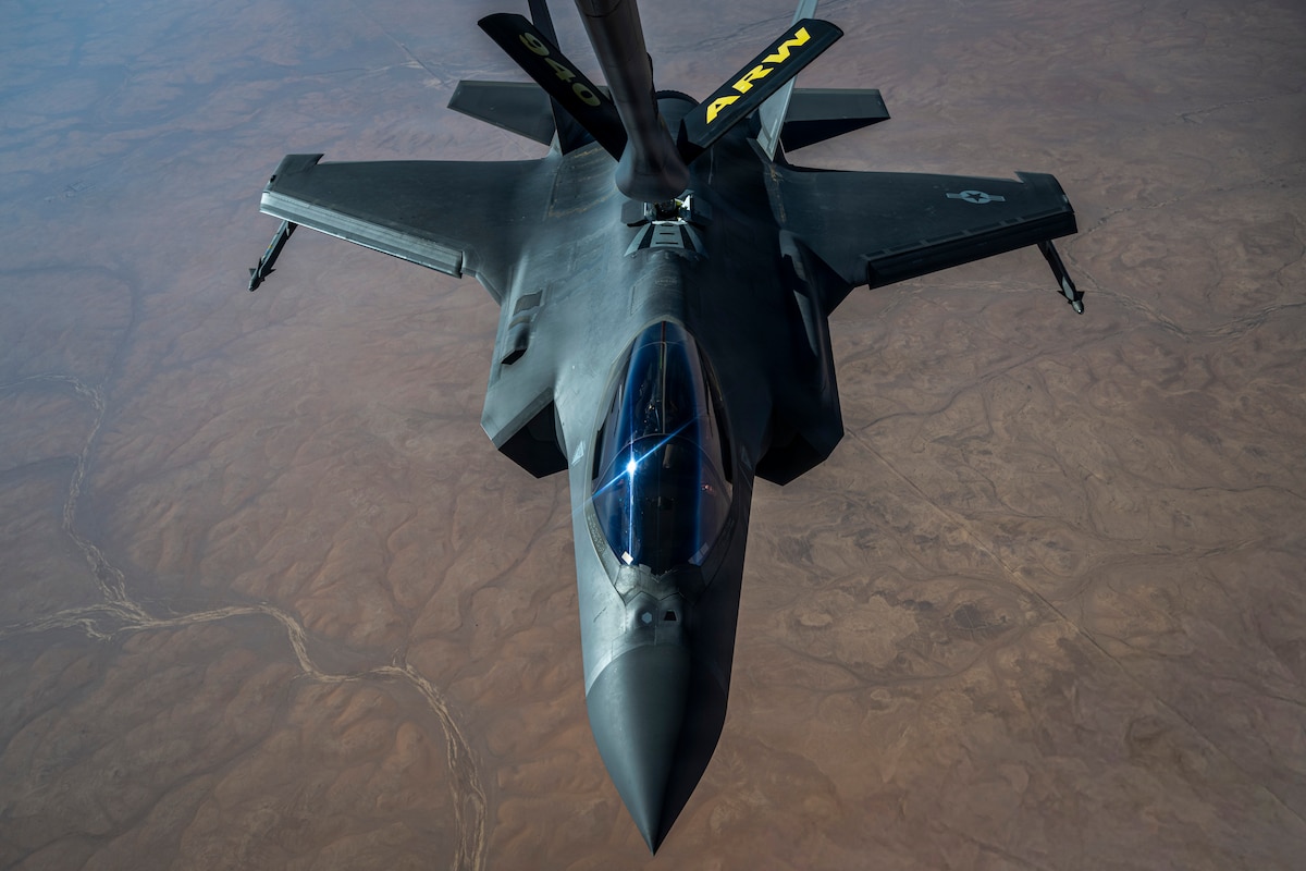 A U.S. Air Force F-35A Lightning II receives fuel from a U.S. Air Force KC-135 Stratotanker in the U.S. Central Command area of responsibility Aug. 22, 2026. Aerial refueling operations extend fifth-generation fighter range and deliver persistent global strike readiness across the region. (U.S. Air Force photo by Senior Airman Adriana Jordan-Alcaniz)