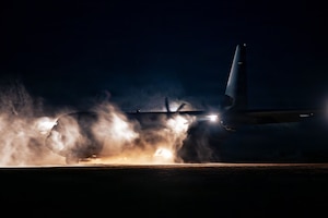 A U.S. Air Force C-130J Super Hercules assigned to the 37th Airlift Squadron maneuvers across a sand landing zone during exercise Northern Viking 26 in Rømø, Denmark, Aug. 25, 2026. Repeated operations on unimproved surfaces build the aircrew proficiency needed to establish and sustain air mobility from dispersed locations. (U.S. Air Force photo by Senior Airman Edgar Grimaldo)