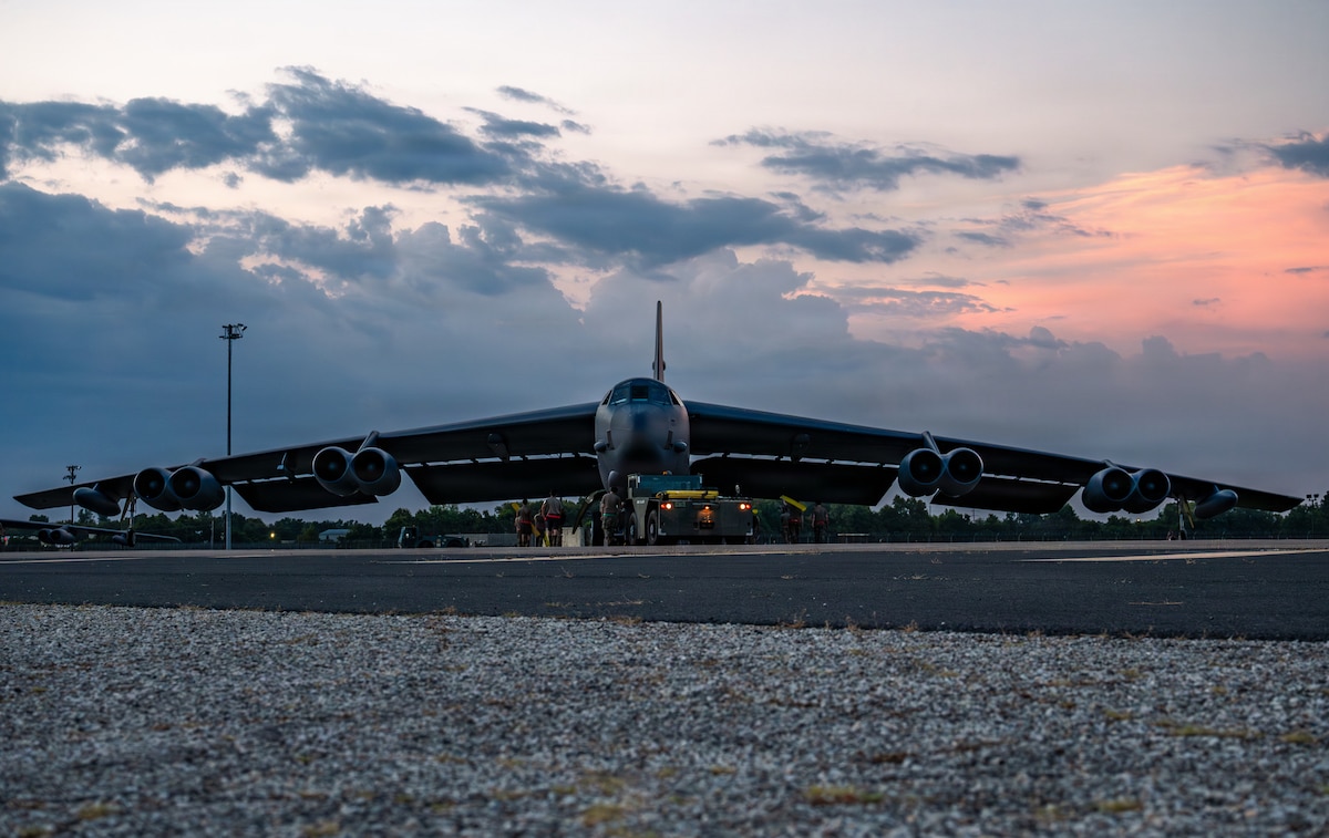 A B-52H Stratofortress awaits mission taskings on the flightline during exercise Bayou Vigilance 26-3 at Barksdale Air Force Base, La., Aug. 26, 2026. The recurring exercise tested the rapid generation and strategic deterrence capabilities of Air Force Global Strike Command long-range bomber forces. (U.S. Air Force photo by Airman 1st Class Maxwell Cunningham)