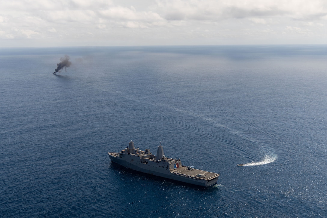 U.S. Marines and Sailors with Maritime Raid Force, Littoral Combat Force-24, and Sailors with San Antonio-class amphibious transport dock USS San Antonio (LPD 17), make movement on a rigid-hull inflatable boat during a Maritime Interdiction Operation while underway in the Pacific Ocean, Sept. 02, 2026. The vessel of interest was boarded and cleared before being destroyed. U.S. military forces are deployed to the U.S. Southern Command area of responsibility in support of Joint Task Force Western Hemisphere, Department of War-directed operations, and the President's priorities to disrupt illicit drug trafficking, deter malign actors and protect the homeland through continuous presence. (U.S. Marine Corps photo)