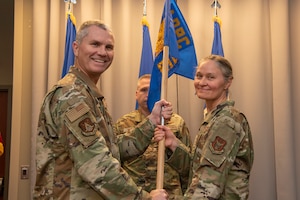 Col. Karla A. Taff, incoming Headquarters Readiness and Integration Organization commander, receives command from Brig. Gen. Harold Linnean III, Headquarters Air Reserve Personnel Center commander, during an assumption of command ceremony on Buckley Space Force Base, Colo., Sept. 1, 2026. Taff succeeded Col. Nathan Day during the ceremony, officiated by Linnean. (U.S. Air Force photo by Tech. Sgt. Cory D. Payne)
