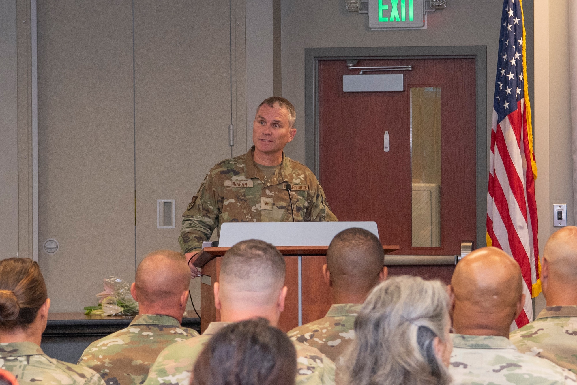 Brig. Gen. Harold Linnean III, Headquarters Air Reserve Personnel Center commander, speaks during an assumption of command ceremony for Headquarters Readiness and Integration Organization on Buckley Space Force Base, Colo., Sept. 1, 2026. Col. Karla A. Taff succeeded Col. Nathan Day during the ceremony, officiated by Linnean. (U.S. Air Force photo by Tech. Sgt. Cory D. Payne)