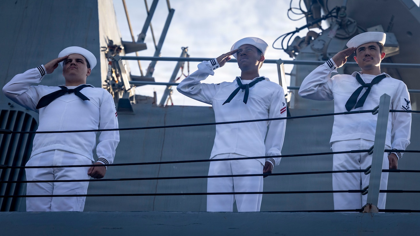 Sailors aboard the Arleigh Burke-class guided-missile destroyer USS Jason Dunham (DDG 109) salute the national ensign during morning colors before departing Naval Station Mayport to begin operations in support of its scheduled deployment, Aug. 28, 2026. Jason Dunham is a multi-mission surface combatant capable of conducting anti-air, anti-submarine, and anti-surface warfare operations.