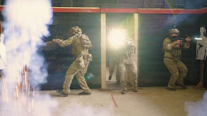 People in camouflage military uniforms and tactical gear walk through a door while having weapons drawn as a cloud of smoke and sparks cover the room.
