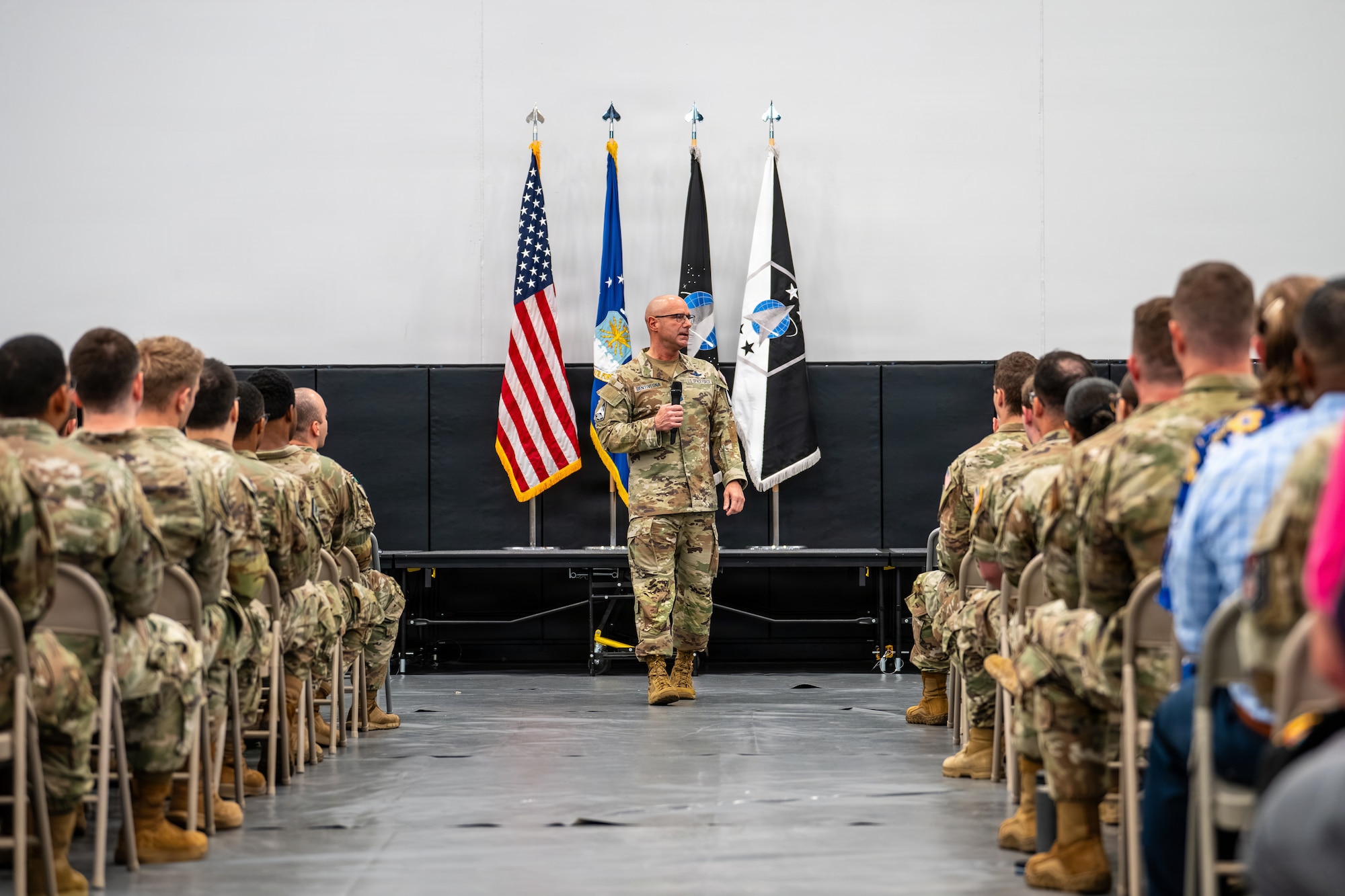 Chief Master Sgt. of the Space Force John Bentivegna speaks to Guardians and Airmen during an all-call at Schriever Space Force Base.
