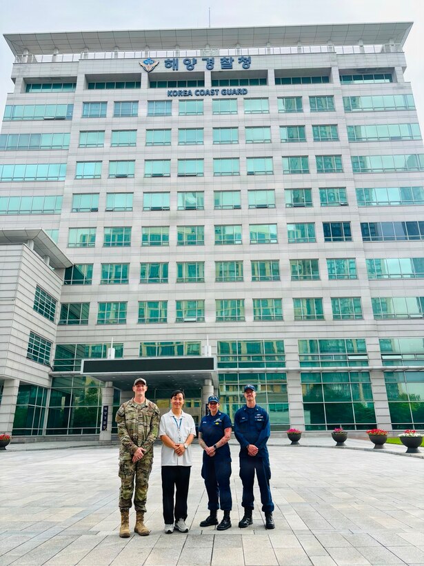 Members of the U.S. Coast Guard and Korea Coast Guard pose for a photo at Korea Coast Guard Headquarters in Incheon, South Korea, during Combined Joint Logistics Over-the-Shore (CJLOTS) 26, July 17, 2026. Conducted in the spirit of the 1953 ROK-U.S. Mutual Defense Treaty, CJLOTS 26 reinforces the Alliance's role as the foundation for regional peace and security. (U.S. Coast Guard photo by Lt. Ashlee Stephens)