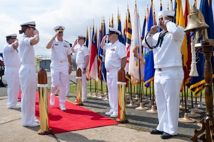 U.S. Navy Capt. Jason A. Flanagan, the incoming commanding officer for Naval Surface Warfare Center Dahlgren Division, departs from a change of command ceremony at NSWCDD, Dahlgren, Virginia, Sept. 3, 2026. The change of command ceremony is a time-honored tradition which formally signifies the transfer of command and entails total accountability, authority and responsibility from one individual to another. (NSWCDD photo by Jackson Rush)
