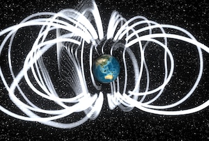 Against a black background with white dots representing stars, dozens of wavy white lines emanate from Earth.