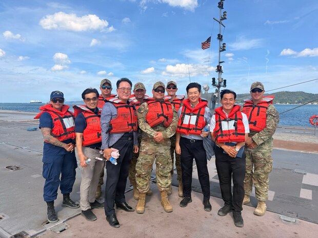 Members of the U.S. Coast Guard and Korea Coast Guard pose for a photo at Yeongil Bay in Pohang, South Korea, during Combined Joint Logistics Over-the-Shore (CJLOTS) 26, July 14, 2026. Conducted in the spirit of the 1953 ROK-U.S. Mutual Defense Treaty, CJLOTS 26 reinforces the Alliance's role as the foundation for regional peace and security. (U.S. Coast Guard photo by Lt. Ashlee Stephens)