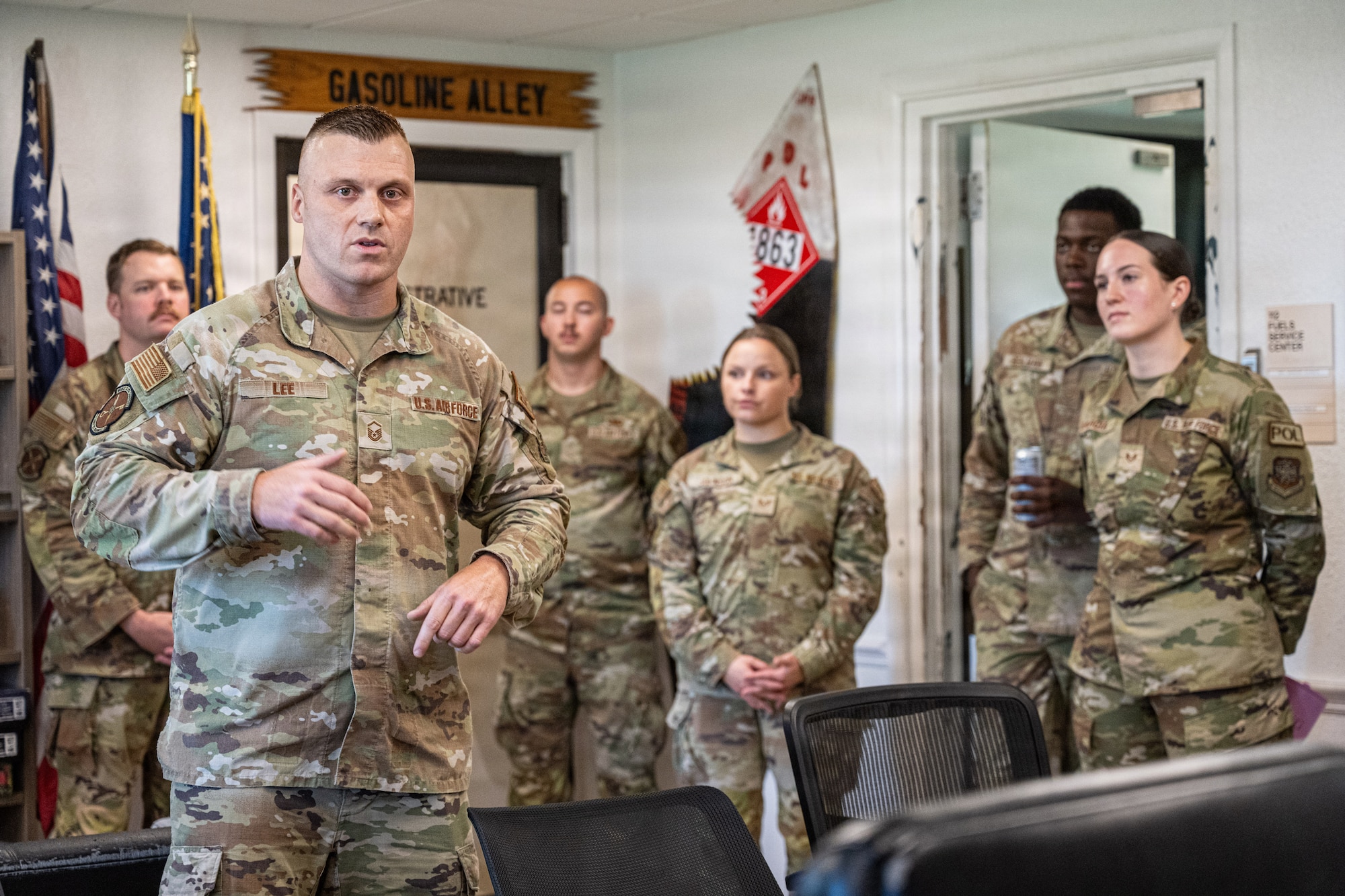 U.S. Air Force Master Sgt. Kyle Lee, 6th Logistics Readiness Squadron fuels superintendent, speaks about the fuels management specialist career field at MacDill Air Force Base, Florida, Aug. 7, 2026. Fuels Airmen master roles such as agile fuel systems operator, laboratory technician and cryogenics specialist, ensuring airpower globally. (U.S. Air Force photo by Airman 1st Class Helen Ly)