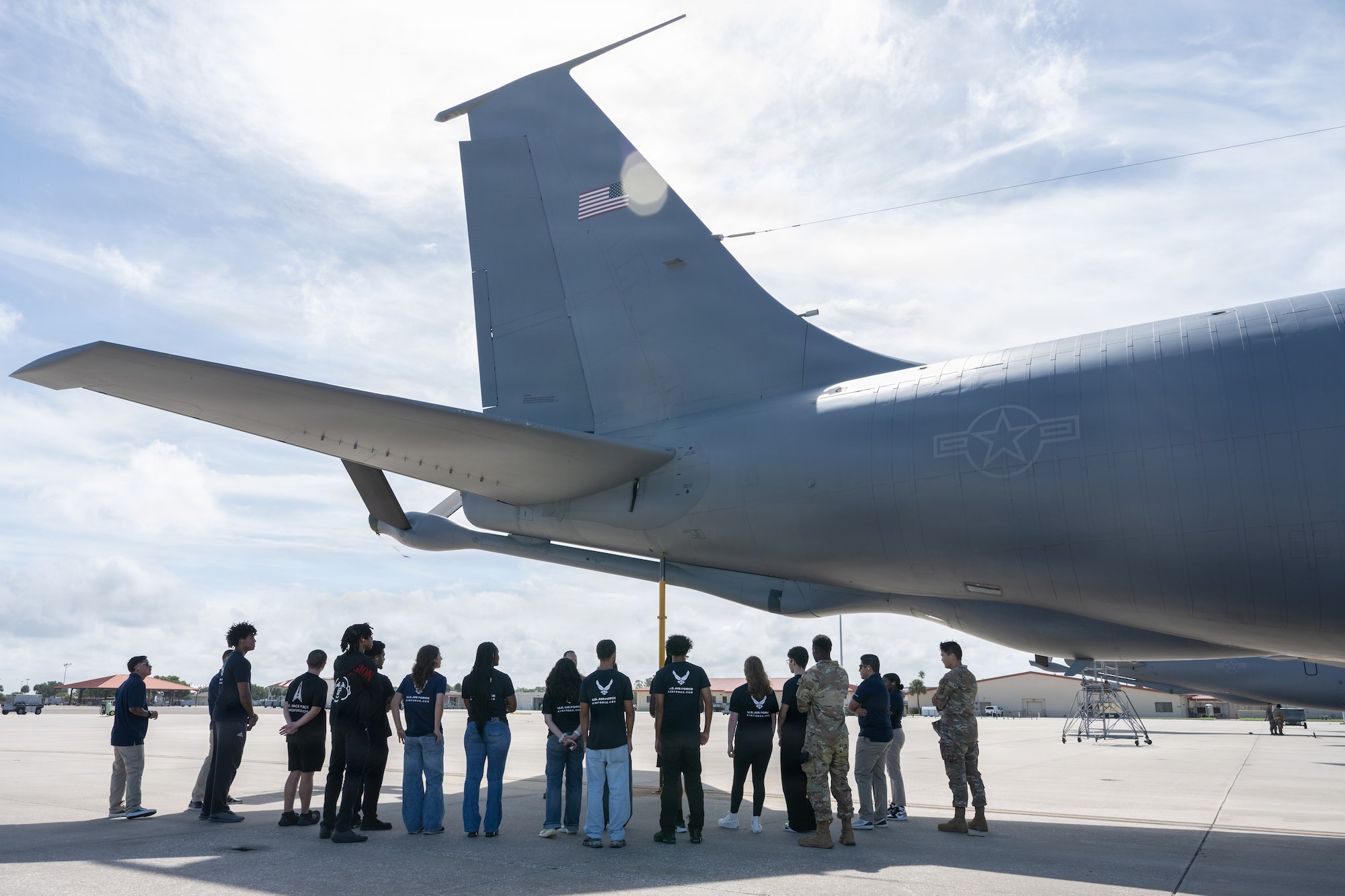 Delayed entry program participants are briefed about the refuel aircraft maintenance career field at MacDill Air Force Base, Florida, Aug. 7, 2026. The DEP is the waiting period between swearing into the U.S. Air Force at a Military Entrance Processing Station, and shipping out for Basic Military Training. (U.S. Air Force photo by Airman 1st Class Helen Ly)